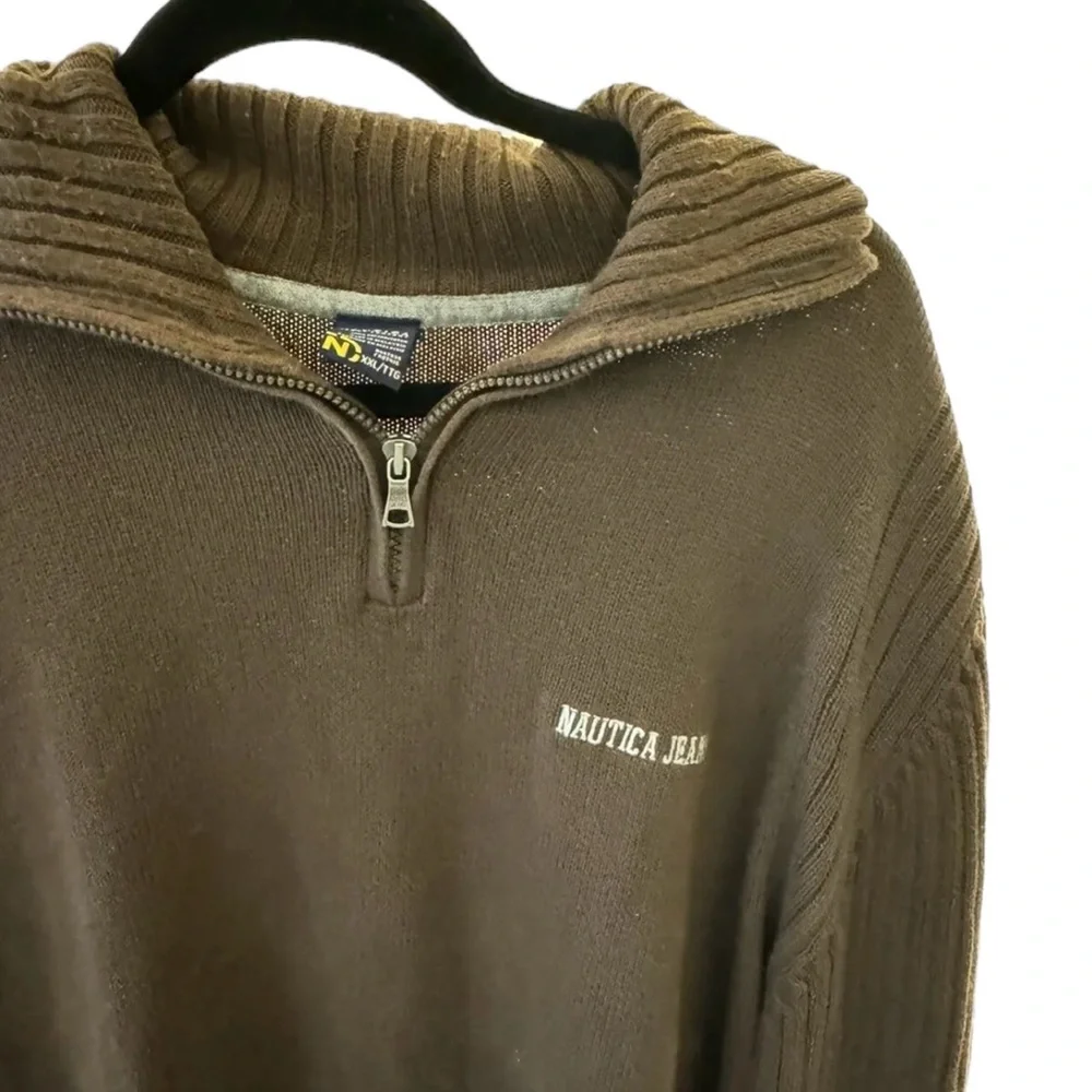 Nautica Jeans Co Brown 1/4 Zip Sweater Cotton XXL Logo Men‎ Ribbed VTG